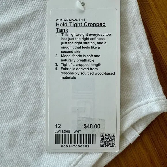 NWT* Lululemon Hold Tight Cropped Tank in White - Women's 12 - Picture 6 of 7